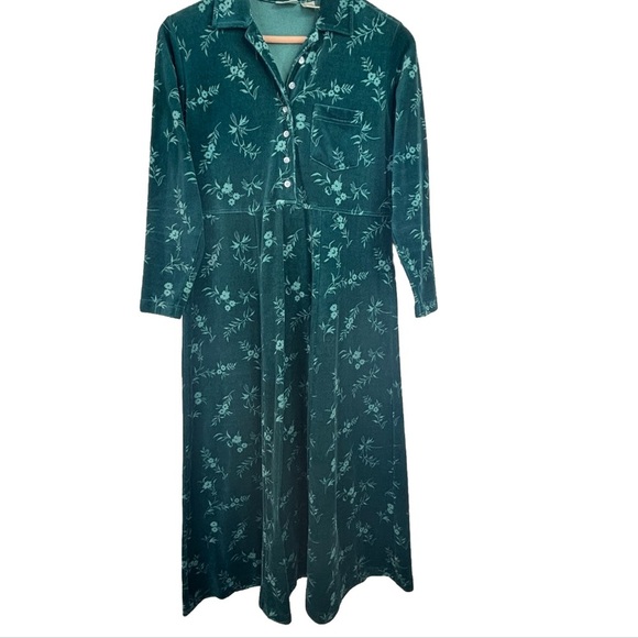 VTG LL Bean Midi Dress 6P Green Velour Floral Long Sleeve Cottage Fairy Holiday - Picture 1 of 9